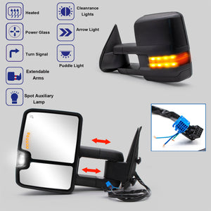 Towing Mirrors  for 2003 2004 2005 2006 Chevy Silverado GMC Sierra 1500 2500 3500 Suburban Yukon XL Tahoe Pickup Truck Power Heated Turn Signal Arrow Signal Light Auxiliary Light Black Cap 32BS-F