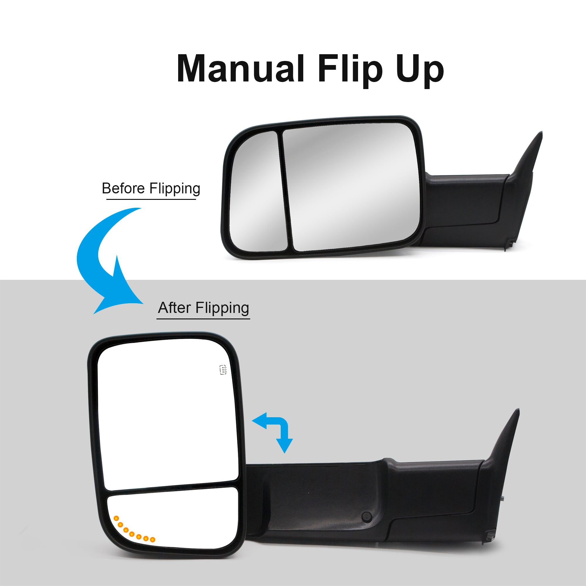 Towing Mirrors  for 1998-2001 Dodge Ram 1500 2500 3500, 2002 Dodge Ram 2500 3500 Pickup Truck Power, Heated, Turn Signal, Arrow Signal Light, Manual Flip Up, Black 13BF