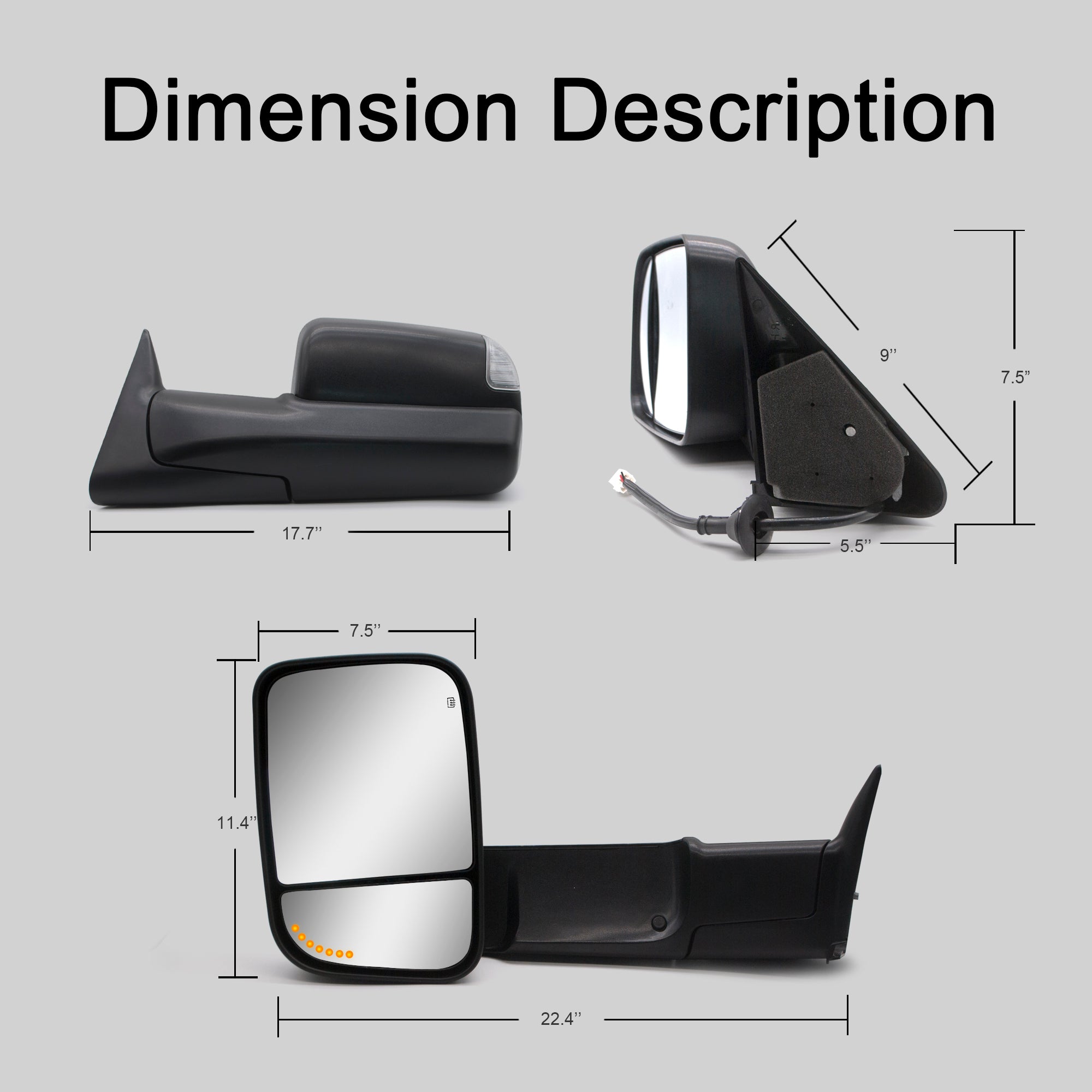 Towing Mirrors  for 1998-2001 Dodge Ram 1500 2500 3500, 2002 Dodge Ram 2500 3500 Pickup Truck Power, Heated, Turn Signal, Arrow Signal Light, Manual Flip Up, Black 13BF