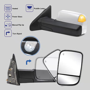 Towing Mirrors for 2002-2008 Dodge Ram 1500, 2003-2009 Dodge Ram 2500/3500 Pickup Truck, Power Heated Led Turn Signal Light Puddle Light Manual Folding, Chrome Cap 10C