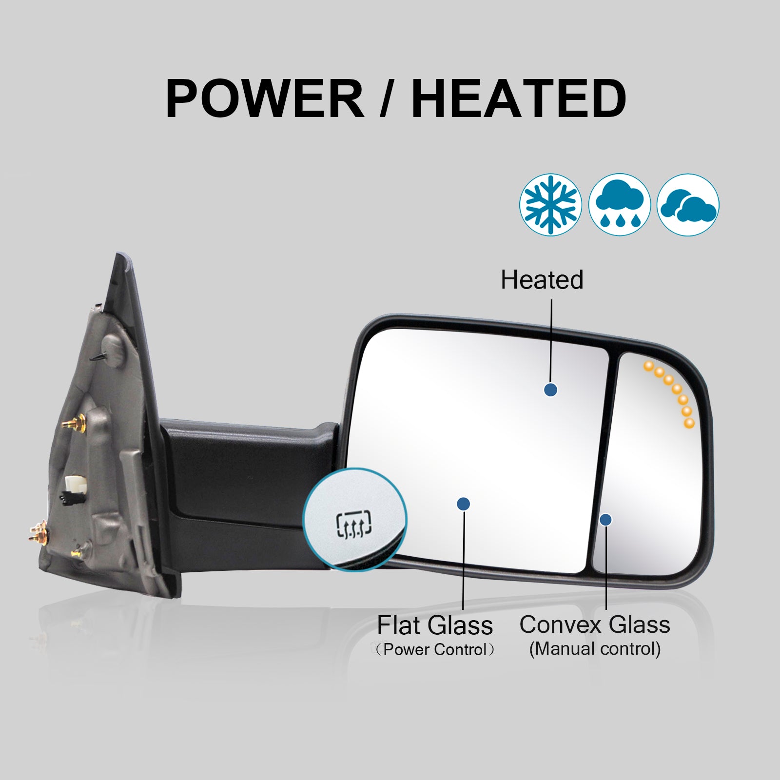 Towing Mirrors for 2002-2008 Dodge Ram 1500, 2003-2009 Dodge Ram 2500/3500 Pickup Truck, Power Heated Arrow Signal on Glass Puddle Lamp Manual Folding Black Housing 9B