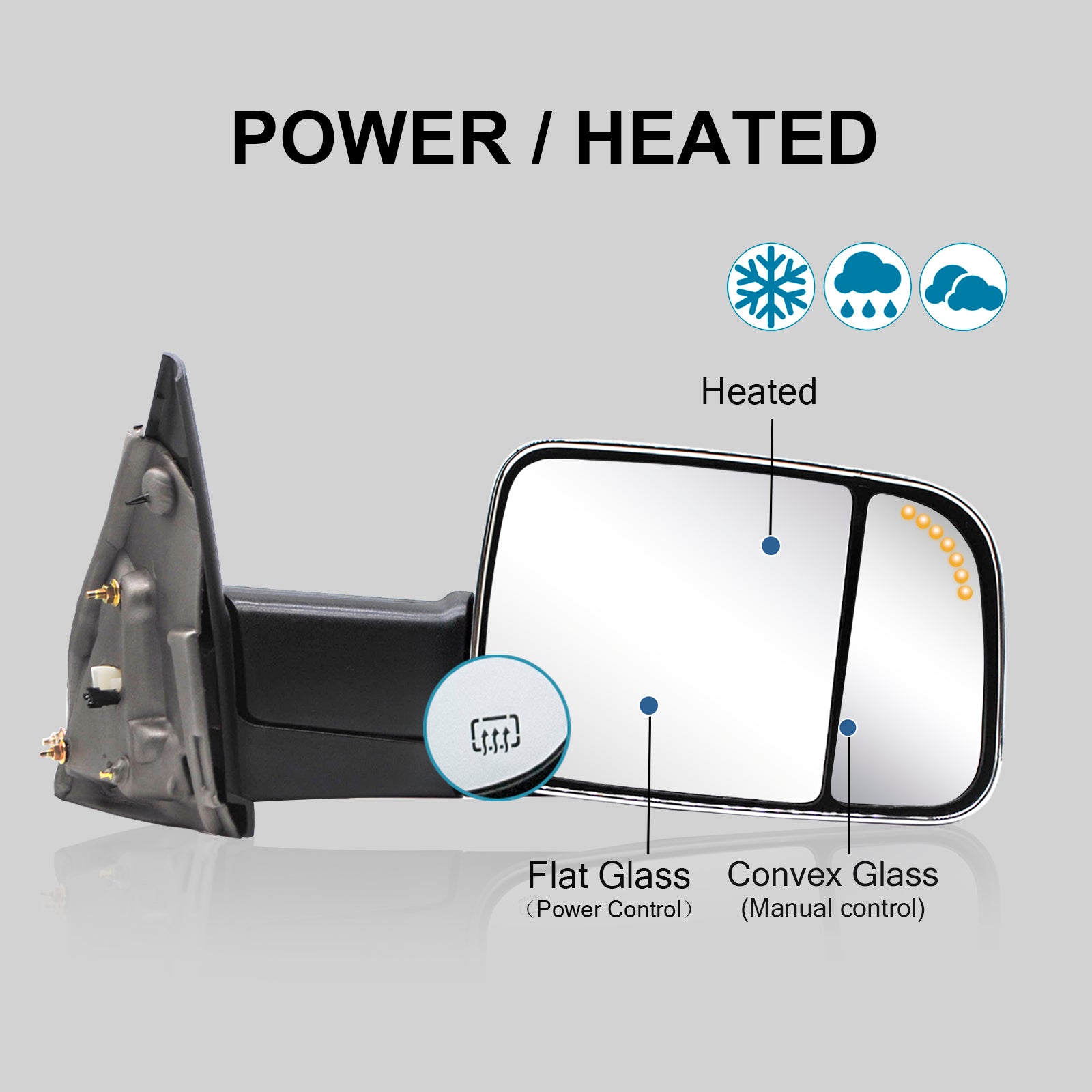 Towing Mirrors for 2002-2008 Dodge Ram 1500, 2003-2009 Dodge Ram 2500/3500 Pickup Truck, Power Heated Puddle Light Arrow Signal on Glass Manual Folding, Chrome Cap 9C