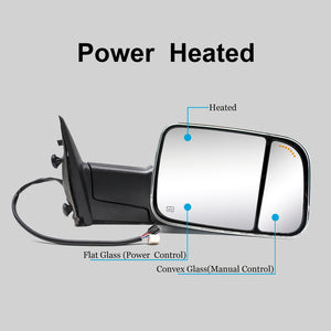 Towing Mirrors for 2009-2018 Dodge Ram 1500 2500 3500 Power Heated Puddle Light, Arrow Signal On Glass, Chrome Cap 6C