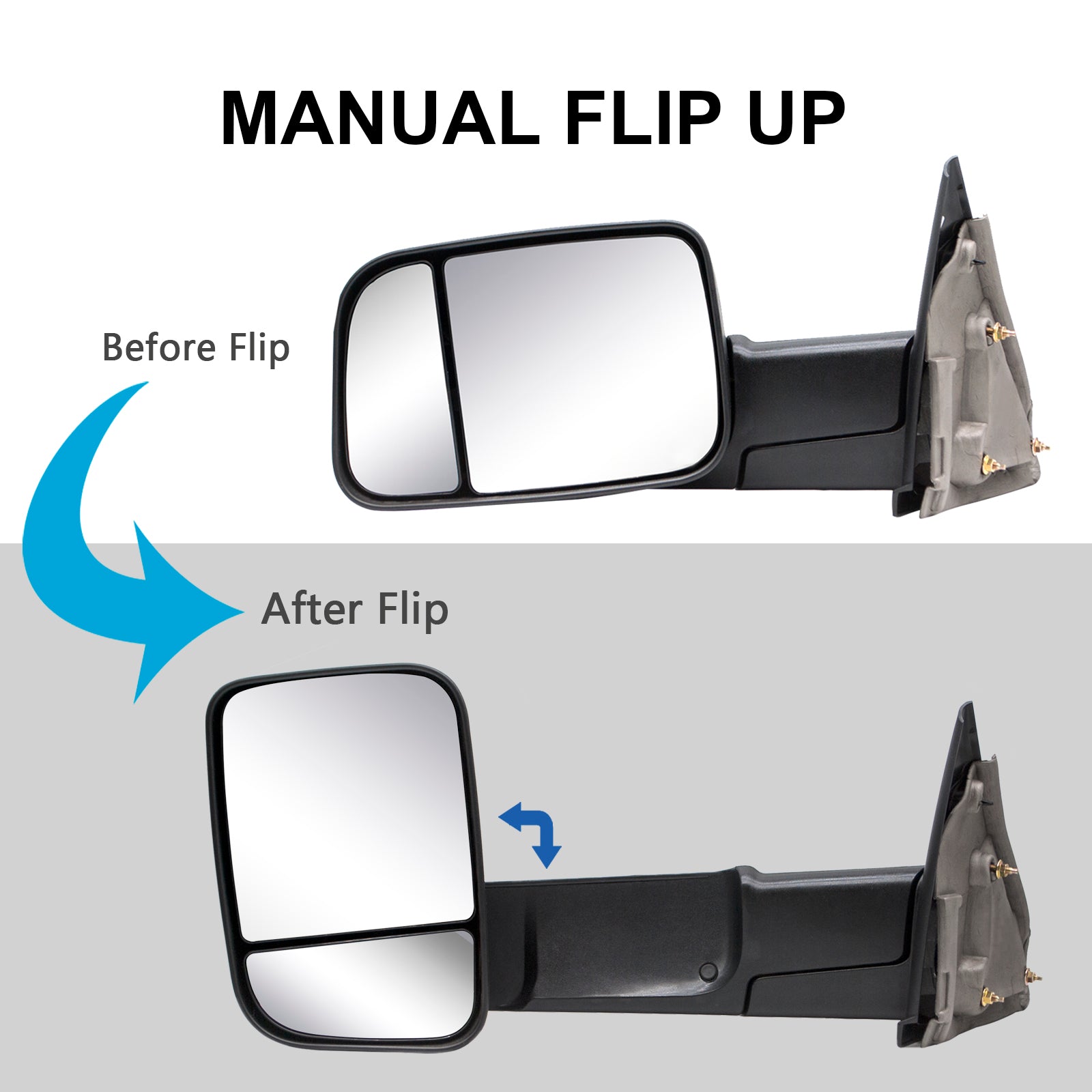 Towing Mirrors for 2002-2008 Dodge Ram 1500, 2003-2009 Dodge Ram 2500/3500, Pickup Truck Manual Folding and Flipping Black Housing 8B