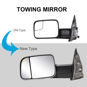 Towing Mirrors for 2002-2008 Dodge Ram 1500, 2003-2009 Dodge Ram 2500/3500 Pickup Truck, Power Heated Puddle Light Arrow Signal on Glass Manual Folding, Chrome Cap 9C
