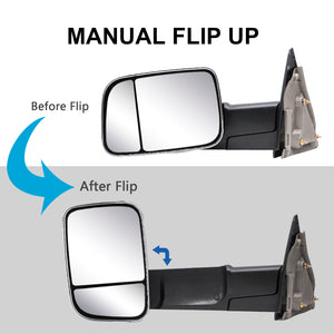 Towing Mirrors for 2002-2008 Dodge Ram 1500, 2003-2009 Dodge Ram 2500/3500 Pickup Truck, Manual Folding and Flipping, Chrome Cap 8C
