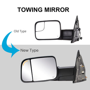 Towing Mirrors for 2002-2008 Dodge Ram 1500, 2003-2009 Dodge Ram 2500/3500 Pickup Truck, Power Heated Arrow Signal on Glass Puddle Lamp Manual Folding Black Housing 9B