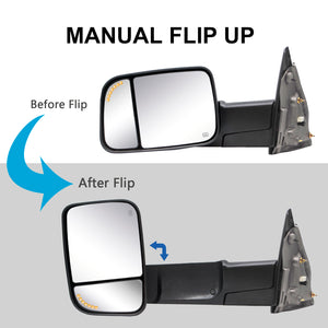 Towing Mirrors for 2002-2008 Dodge Ram 1500, 2003-2009 Dodge Ram 2500/3500 Pickup Truck, Power Heated Arrow Signal on Glass Puddle Lamp Manual Folding Black Housing 9B