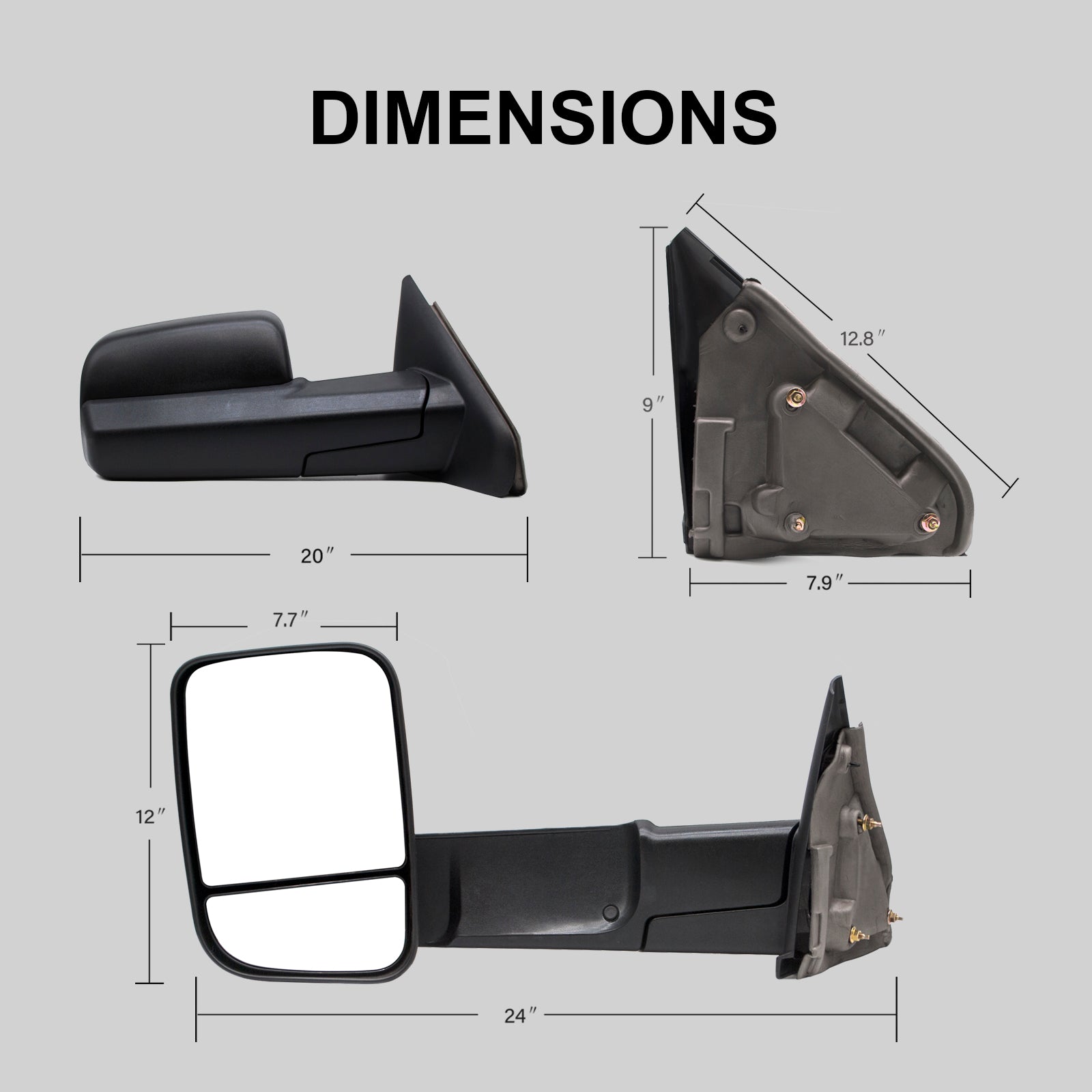 Towing Mirrors for 2002-2008 Dodge Ram 1500, 2003-2009 Dodge Ram 2500/3500, Pickup Truck Manual Folding and Flipping Black Housing 8B