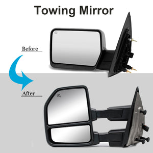 Towing Mirrors for 2004-2014 Ford F150 Power Heated Turn Signal Puddle Lamp, Chrome Cap 19C