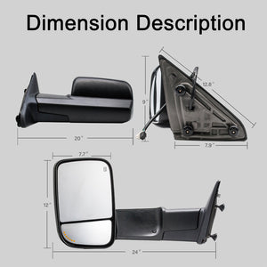 Towing Mirrors for 2009-2018 Dodge Ram 1500 2500 3500 Power Heated Puddle Light, Arrow Signal On Glass 6B