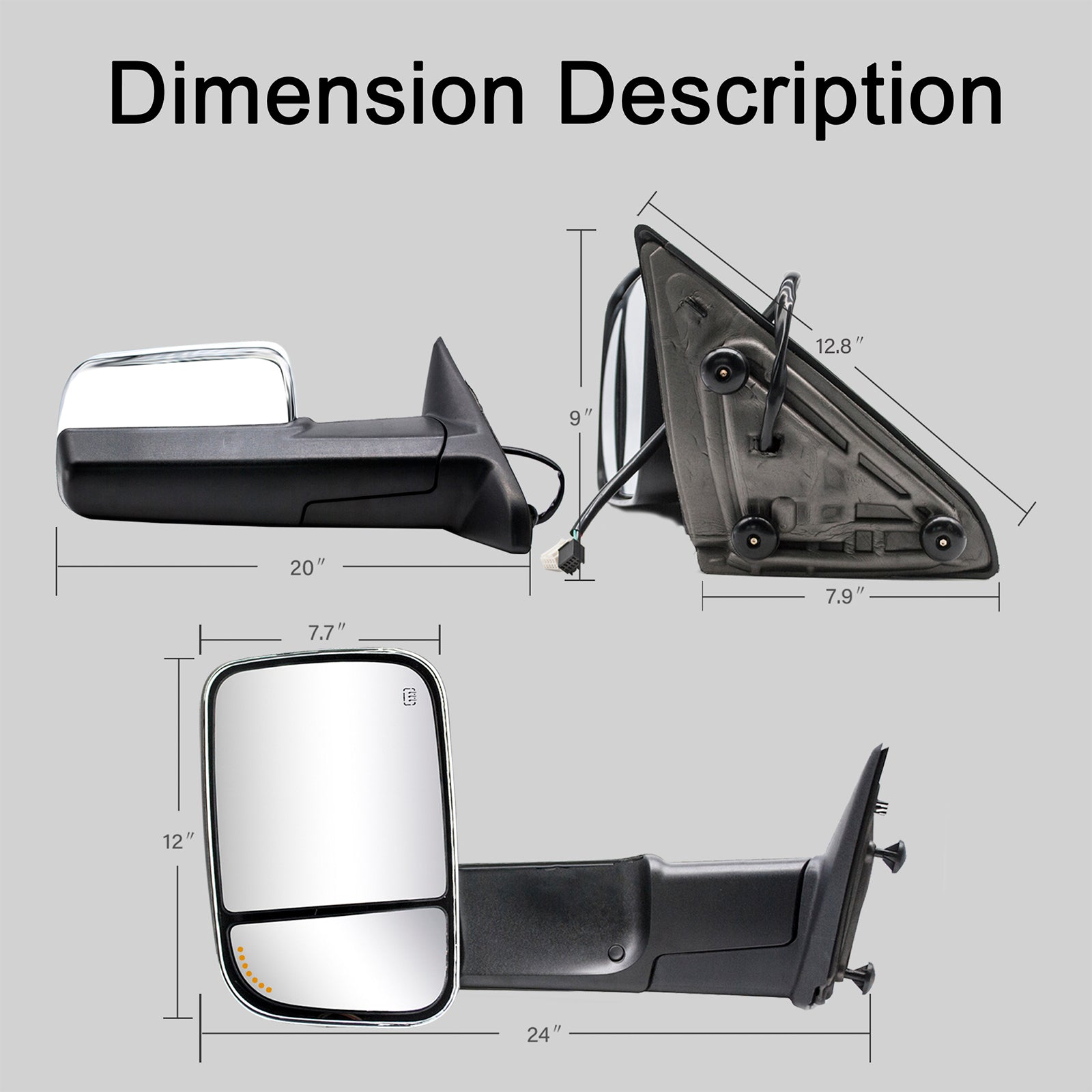 Towing Mirrors for 2009-2018 Dodge Ram 1500 2500 3500 Power Heated Puddle Light, Arrow Signal On Glass, Chrome Cap 6C